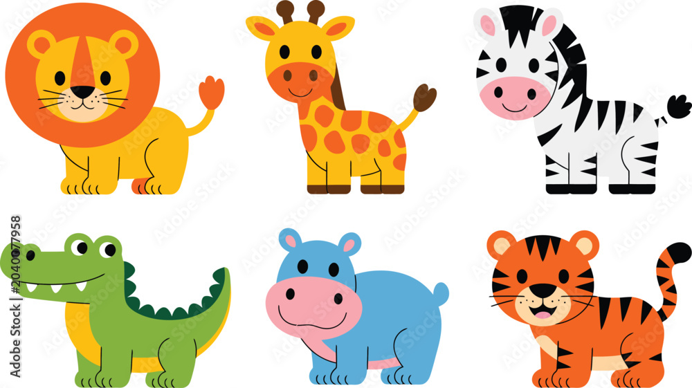 Naklejka premium Six cute cartoon wild animal full body characters for kids design and educational projects