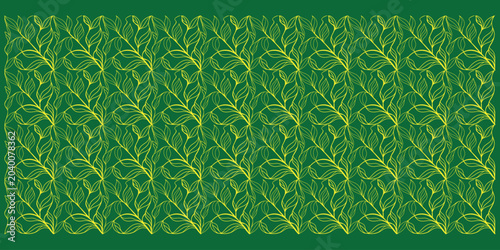 Foto Botanical seamless pattern featuring intricate yellow leaf line art on deep green background elegant natural motif design