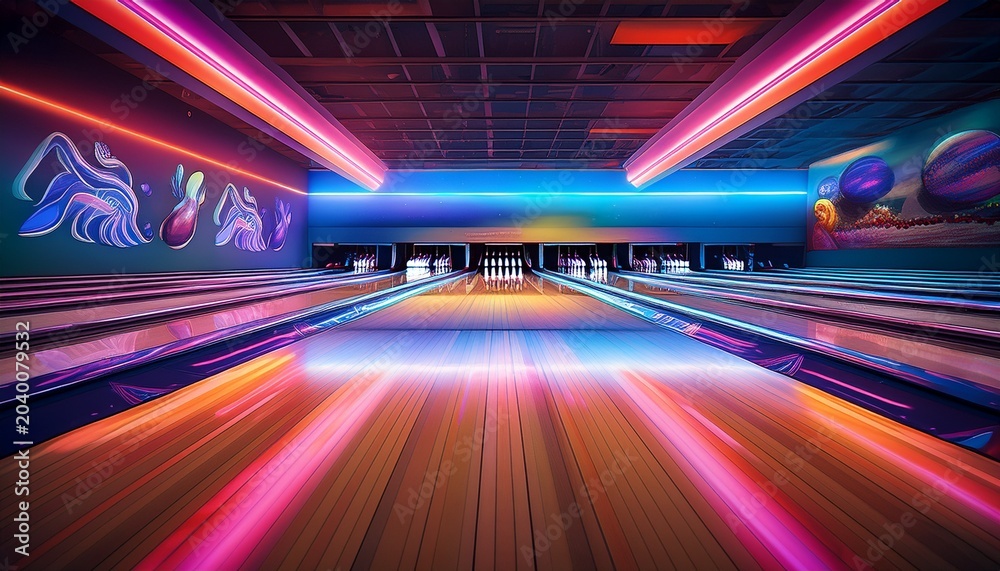 Fototapeta premium exciting bowling action indoor bowling alley sports event neon lights fun atmosphere competitive spirit