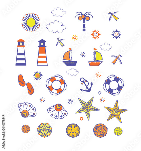 Decorative abstract marine elements silhouettes set for logo, fabric, textile, wrapping paper, wallpaper, web design