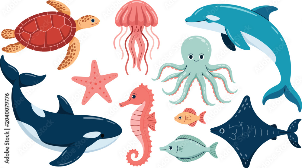 Fototapeta premium Cute collection of sea animals illustration featuring a turtle dolphin octopus and jellyfish