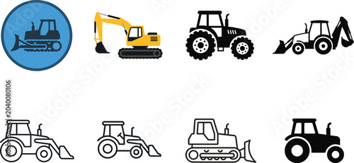 Foto Construction and Agricultural Machinery Icons Collection Featuring Bulldozer Exc