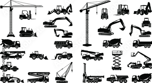 Construction Equipment Silhouettes Collection Featuring Cranes Excavators Forklifts Dump Trucks Concrete Mixers and Heavy Machinery Vector Set