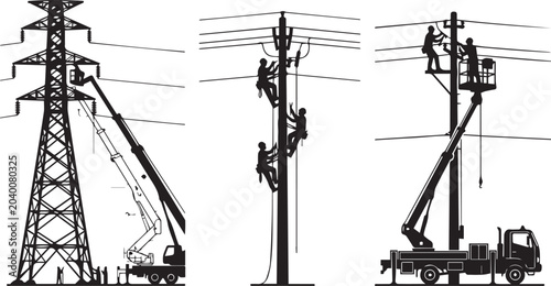 Fotografi Silhouette of linemen repairing power lines on electric poles and transmission t