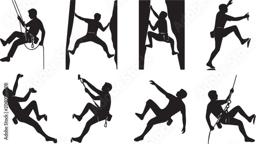 Photos Silhouette collection of rock climbers and mountaineers rappelling and climbing
