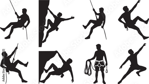 Foto Silhouette collection of mountaineers and rock climbers rappelling climbing on c
