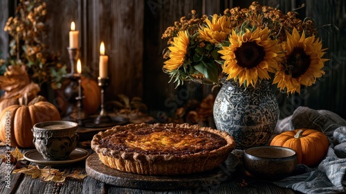 Classic autumn still life with sunflowers and a pie, on dark wood planks, with pumpkins and foliage, warm candlelight