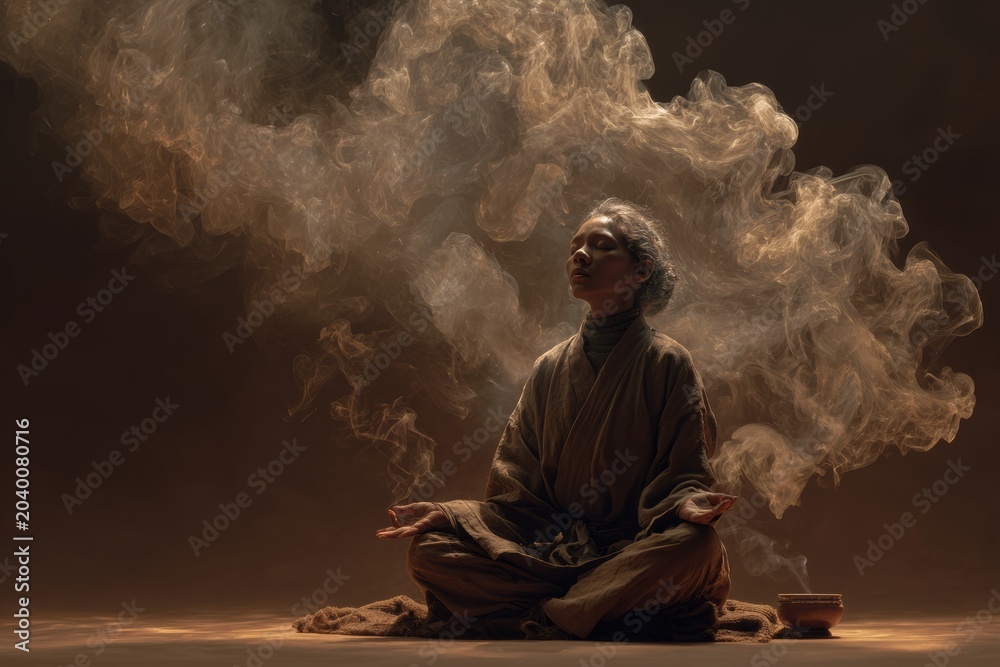 Fototapeta premium Yoga guru spiritual teacher in lotus pose with incense smoke curling upward, warm brown muted tones. Meditation, zen practice, calm wellness.
