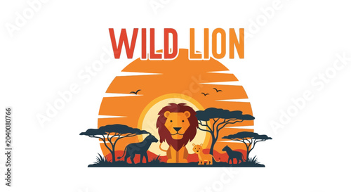 Wild Lion African Savannah Sunset Illustration