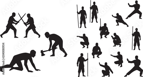 Schilderij op canvas Silhouette collection of ancient warriors fighters in combat stances and traditi