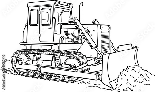 Old bulldozer with front blade digging on dirt