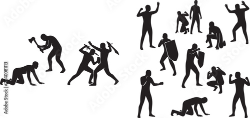 Foto Silhouette collection of medieval warriors in combat fighting with sword shield