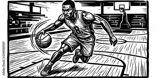 Konstfotografi Basketball Point Guard Woodcut Black White-Crossover Dribble Court Drive-Sport V