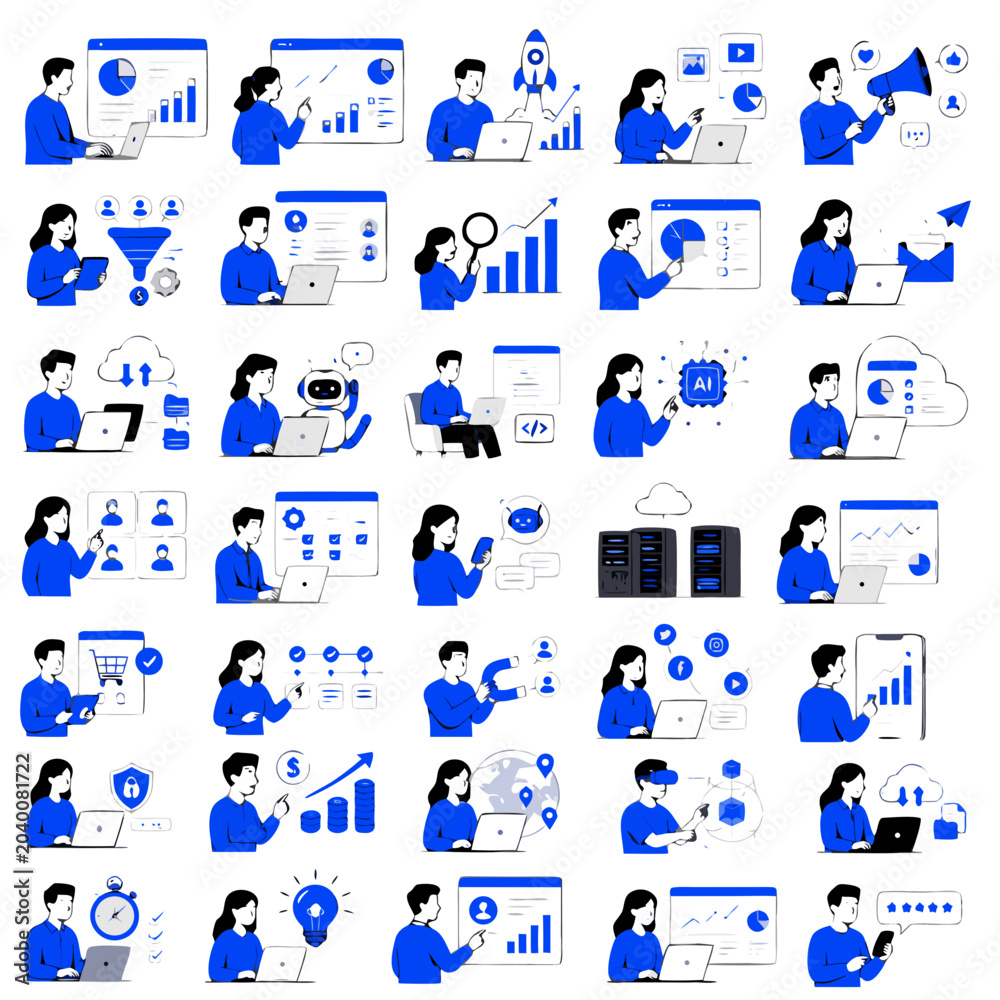 Fototapeta premium Business and productivity illustration pack with various scenes of teamwork and office activities.