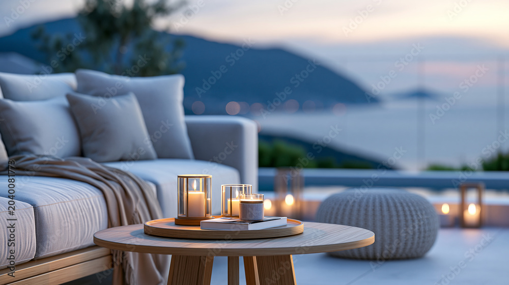 Fototapeta premium Close-up of a modern outdoor lounge inviting relaxation with mountain and ocean view at dusk, panoramic view concept, dusk outdoor photography, mountain ocean visualization,