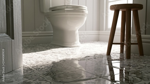 Bathroom with Water on Floor, Toilet, and Stool - Professional Image Usage