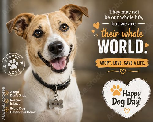 Happy Dog Day Adoption Awareness Poster – Smiling Rescue Dog with Inspirational Pet Love Message