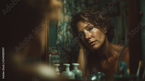 Woman looking at reflection in bathroom mirror