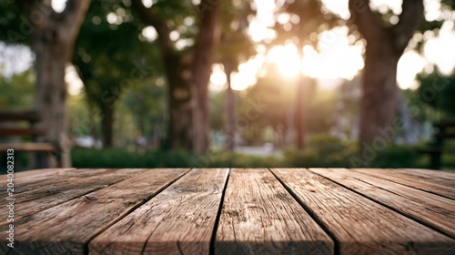 Sunlit Wooden Table Tops in Park at Late Afternoon