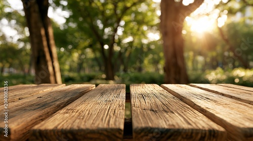 Sunlit Wooden Table Tops in Park at Late Afternoon