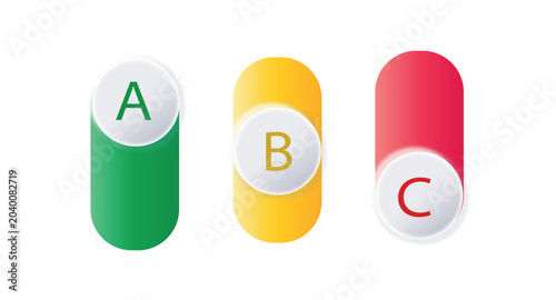 ABC Option Infographic Card Set. Three colorful infographic option cards with letters A, B, and C for comparison or choice layout.
