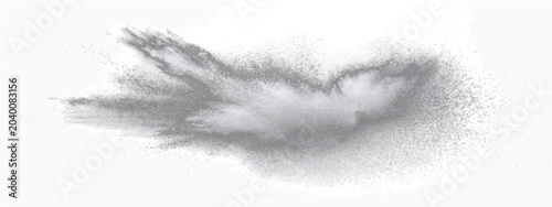 Photography Explosive burst fine grey powder atomized dispersed mid-air, dynamic abstract particle cloud resembling wispy smoke or vapor trail