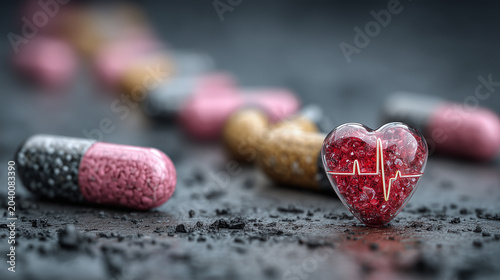 Glass heart with heartbeat line and medicine capsules