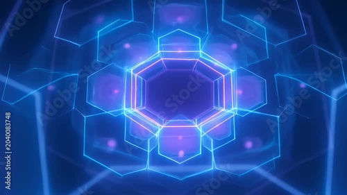 Abstract Neon Hexagon Network, Digital Geometric Structure, Futuristic Technology Background