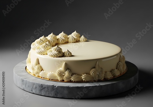 An elegant durian cake recipe creation featuring a smooth cream-colored mirror glaze and decorative piped buttercream swirls on a stone pedestal.