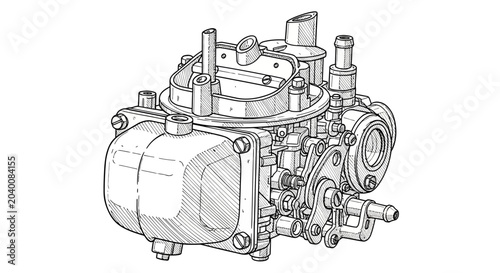 Foto Detailed line drawing of a carburetor on a white background
