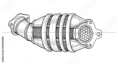 Obraz na plátně A black and white line art sketch depicts a catalytic converter on a white background