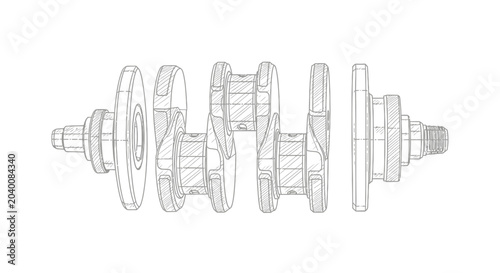 Foto A detailed linear drawing of a crankshaft on a white background