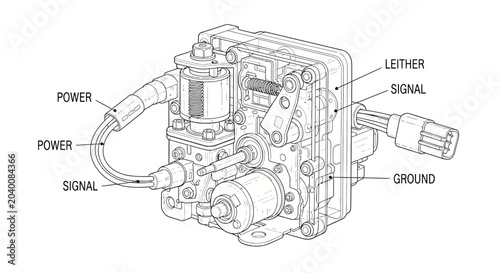 Foto Black and white line art sketch depicts a detailed cruise control actuator on a white background