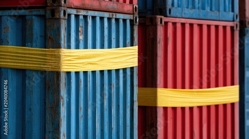 Economic tariffs concept, shipping containers with yellow tariff tape at cargo port, trade war, global economy crisis