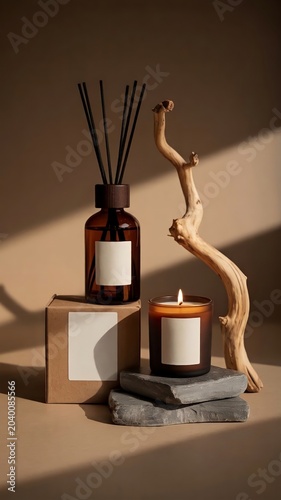 Luxury home fragrance set with wooden stick diffuser and candle