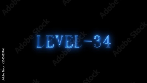 Neon blue glowing text displaying level 34 against a solid black background