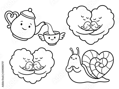 Fotografía Whimsical garden snails with teapot and heart clouds outline vector illustration