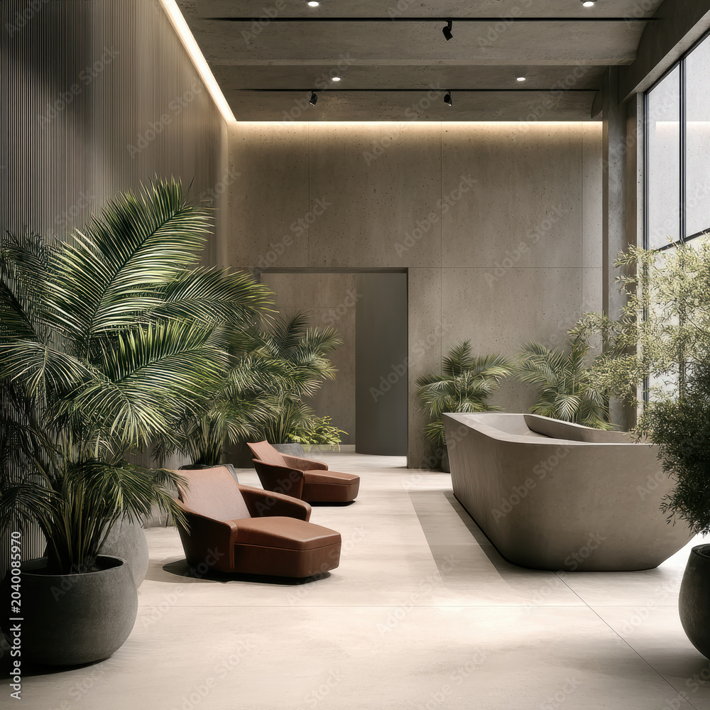 Fototapeta premium Modern spa lobby with minimalist concrete walls, large potted plants, natural light, and comfortable brown lounge chairs for tranquil atmosphere