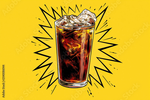 Pop art style illustration of a glass of cola with ice