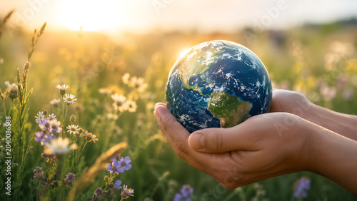 Human hands carefully holding planet earth globe in beautiful blooming wildflower meadow during sunset spreading environmental day messages about protecting global nature ecology and wildlife