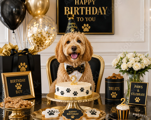Happy Dog Birthday Party Celebration – Golden Retriever with Cake and Balloons, Festive Pet Event