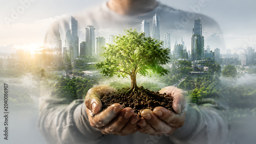 Creative double exposure showing human hands holding tree in soil blending with futuristic sustainable green city architecture celebrating environmental day and modern urban ecological development