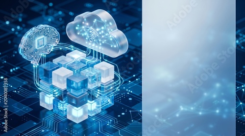 Cloud Computing AI Brain Connected to Blockchain Data Cube Network on Digital Circuit Background 3d render