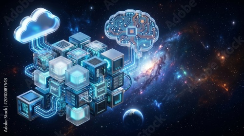 AI Brain and Cloud Computing Connecting Distributed Network Servers in Space 3d render