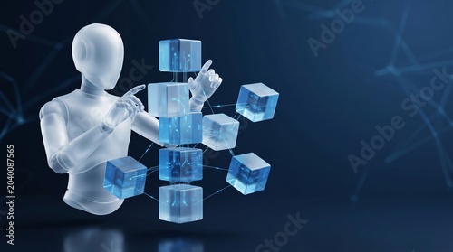 AI Robot Arranging Glowing Blockchain Cube Network on Dark Blue Background 3d render