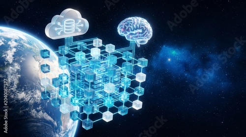 AI Brain and Cloud Computing Network Connecting Blockchain Cubes Above Earth 3d render