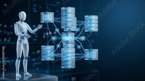 Robot humanoid presenting AI neural network data center infrastructure in digital blue studio 3d render