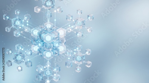 Blockchain Network Technology Concept with Connected Glass Cubes on Blue Background 3d render