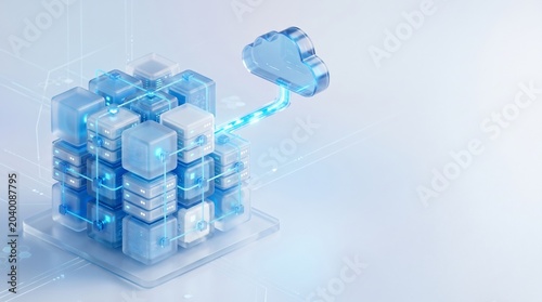 Cloud Computing Server Cube Connecting to Cloud Storage on Light Blue Background 3d Render