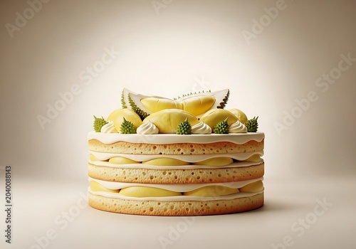 A delicious and beautiful layer cake decorated with fresh durian fruit pulp and cream, perfect as a visual guide for a creative durian cake recipe.
